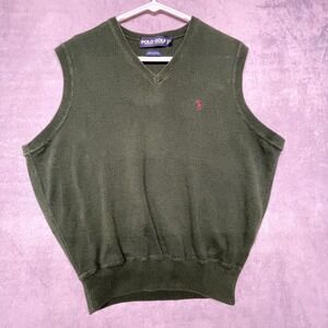 Polo Ralph Lauren Golf Sweater Vest Mens Medium Green Ribbed Trim Cotton V Neck